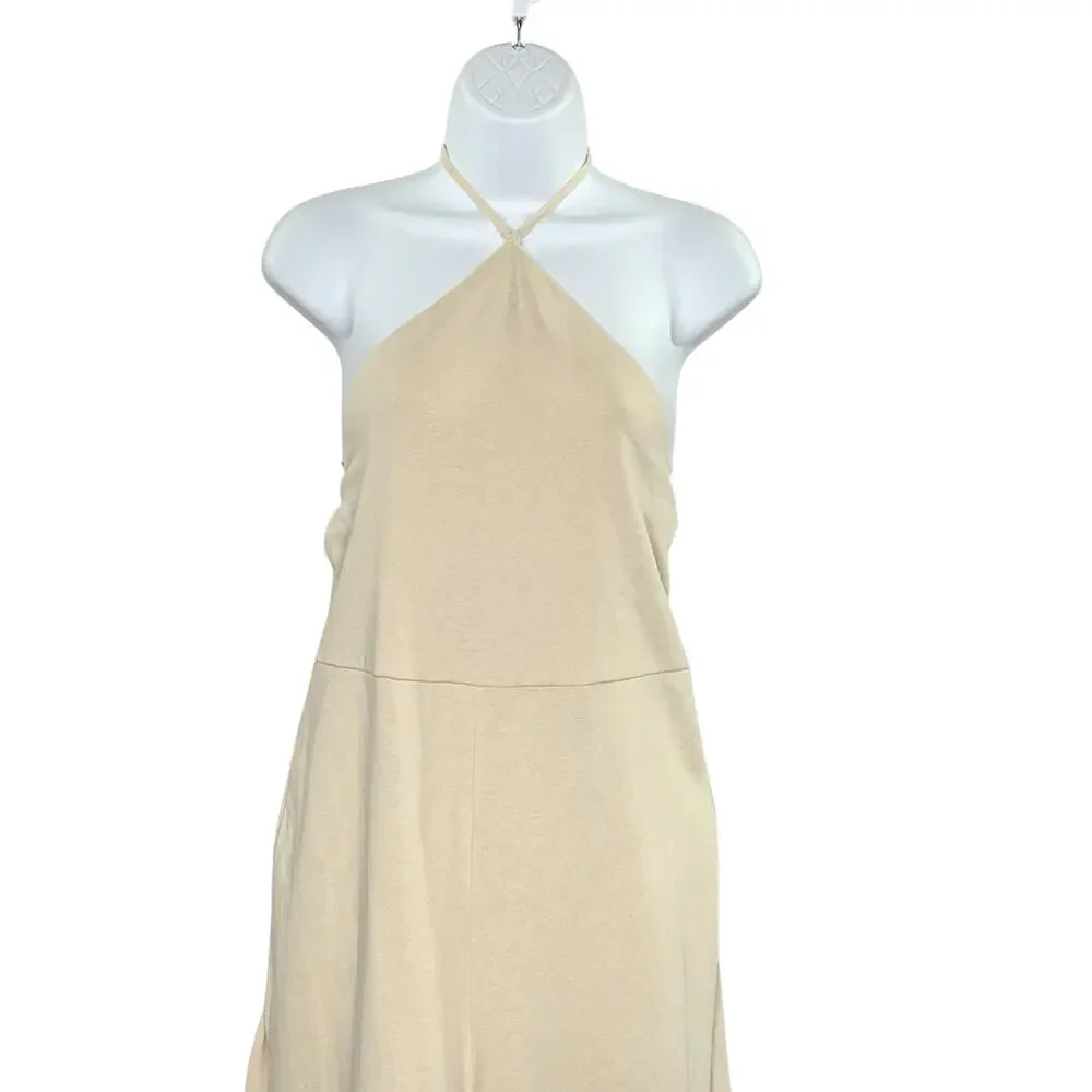 Zara M NEW Halter Top Open Back Ruffle Trim Jumpsuit Beige Travel Summer